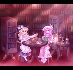  bad_id bad_pixiv_id blonde_hair book hat kirisame_marisa letterboxed library long_hair multiple_girls neme patchouli_knowledge purple_eyes purple_hair ribbon sitting tea touhou voile yellow_eyes 