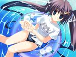  afloat black_eyes black_hair clear clothes_writing game_cg hand_scoop innertube long_hair mitha no_pants non-web_source okamoto_nonoka school_swimsuit shirt solo swimsuit swimsuit_under_clothes t-shirt twintails 