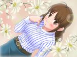  :o akizuki_ritsuko antenna_hair bangs belt blue_skirt blush breasts brown_eyes brown_hair buttons cowboy_shot dutch_angle eyebrows_visible_through_hair flower from_above idolmaster idolmaster_(classic) idolmaster_1 lens_flare long_hair long_sleeves looking_at_viewer looking_up medium_breasts medium_skirt shirt skirt solo striped striped_shirt tareme toshifumi vertical-striped_shirt vertical_stripes wavy_hair 