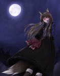  animal_ears brown_hair glowing glowing_eyes holo long_hair moon night red_eyes solo spice_and_wolf tail tk28 wolf_ears 