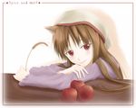  animal_ears apple brown_hair food fruit holo long_hair red_eyes solo spice_and_wolf tk28 wheat wolf_ears 