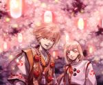  1girl beads blonde_hair cherry_blossoms earrings fangs japanese_clothes jewelry original pale_skin tetsukuzu_tetsuko yellow_eyes 