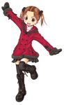  boots brown_hair bu-n coat gotou_hisashi green_eyes hair_bobbles hair_ornament ichigo_mashimaro knee_boots matsuoka_miu mittens outstretched_arms short_twintails skirt solo spread_arms thighhighs traditional_media twintails zettai_ryouiki 