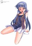  :d absurdres bangs blue_hair blunt_bangs blush collarbone hair_tubes hairband highres hozumi_takashi kannagi long_hair nagi open_mouth pleated_skirt sitting skirt smile socks solo wariza white_skirt 