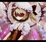  ascot bad_id bad_pixiv_id blonde_hair crystal demon_wings duca flandre_scarlet hat looking_at_viewer mob_cap one_side_up puffy_short_sleeves puffy_sleeves red_eyes shaded_face short_sleeves solo touhou vampire wings 