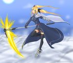  bardiche energy_blade fate_testarossa long_hair lyrical_nanoha mahou_shoujo_lyrical_nanoha scythe sky solo thighhighs 