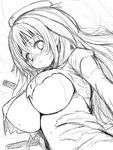  atago_(kantai_collection) beret blush breasts dutch_angle greyscale hat kantai_collection large_breasts long_hair monochrome naz solo torn_clothes underboob 