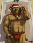  anthro bell biceps blush bovine bow bulge cattle christmas christmas_hat chubby doorway facial_piercing hat holidays horn male mammal mistletoe musclegut muscles nipples nose_piercing nose_ring pecs piercing ribbons rov santa_hat solo speedo swimsuit topless underwear 