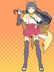  anabuki_tomoko animal_ears choker dots fox_ears fox_tail hakama hakama_skirt highres japanese_clothes katana no_pants orange_background panties patterned patterned_background red_hakama sandals scarf solo sword tabigarasu tail thighhighs underwear weapon white_panties world_witches_series 