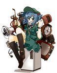  amonitto analog_clock backpack bag bellows_camera black_legwear blue_hair camera clock electric_fan electric_plug freezer full_body grandfather_clock green_eyes grin hair_bobbles hair_ornament hairclip hat kawashiro_nitori looking_at_viewer shirt shoes sitting sitting_on_object skirt smile socks solo television touhou watch welding_mask white_background wrench wristwatch 