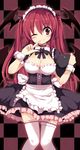  alternate_costume bat_wings blush breasts checkered checkered_background choker cleavage enmaided head_wings highres koakuma large_breasts leg_garter long_hair maid maid_headdress maturiuta_sorato one_eye_closed red_eyes red_hair smile solo thighhighs touhou white_legwear wings zettai_ryouiki 