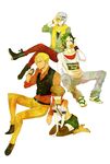  3boys absurdres alternate_costume blonde_hair casual doughnut ebippoid food gamagoori_ira green_hair highres inumuta_houka jakuzure_nonon kill_la_kill multiple_boys sanageyama_uzu sidelocks tan 