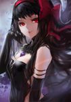  akemi_homura akuma_homura bare_shoulders black_gloves black_hair blackrabbitsoul bow dress elbow_gloves gloves hair_bow hair_ribbon highres jewelry long_hair mahou_shoujo_madoka_magica mahou_shoujo_madoka_magica_movie pendant red_eyes ribbon smile solo spoilers standing 