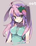  animal_ears bad_id bad_pixiv_id blush breasts bunny_ears carrot carrot_hair_ornament food_themed_hair_ornament hair_ornament long_hair looking_at_viewer medium_breasts mishima_kurone purple_hair simple_background smile solo 