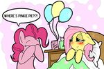  balloon bed blush card dialog english_text equine female feral fluttershy_(mlp) friendship_is_magic green_eyes hair horse mammal my_little_pony pillow pink_hair pinkie_pie_(mlp) pony silver1kunai text tissue_box 