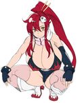  1girl alternate_breast_size bikini_top boots breasts cleavage fingerless_gloves gigantic_breasts gloves hair_ornament huge_breasts kloah long_hair looking_at_view looking_at_viewer ponytail red_hair scarf short_shorts shorts skull_hair_ornament smile squatting tengen_toppa_gurren_lagann thighhighs yellow_eyes yoko_littner 