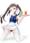  :p apron black_hair blue_eyes cup drink drinking_glass drinking_straw food garters glass hazuki_natsu highres long_hair maid_headdress one-piece_swimsuit original sandwich school_swimsuit solo swimsuit thighhighs tongue tongue_out tray twintails waist_apron 