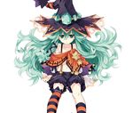  :&lt; bat_wings child date_a_live flat_chest gem green_eyes green_hair hat highres long_hair natsumi_(date_a_live) navel simple_background solo star striped striped_legwear thighhighs triangle_mouth tsunako white_background wings witch_hat younger 