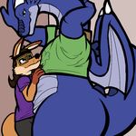  bottomless clothing dragon duo eyewear futonmania glasses hair kangaroo kit_(kangaroo) long_neck mammal marsupial odendo_(character) overweight plain_background scalie simple_background size_difference thick_tail 
