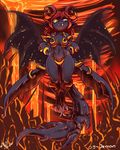  black_body blood breasts claws demon fangs female flying hair horn hovering lava looking_at_viewer red_hair rocks slit_pupils smirk solo unconvincing_armor warm_colors wide_hips wings yellow_eyes 
