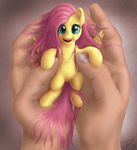  bluespaceling equine female feral fluttershy_(mlp) friendship_is_magic fur green_eyes hair hands happy holding horse human long_hair mammal micro my_little_pony pegasus pink_hair pony smile wings yellow_fur 