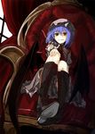  ascot bad_id bad_pixiv_id bat_wings blue_hair boots brooch chair cross-laced_footwear curtains fang hand_on_own_knee hat hat_ribbon jewelry knee_boots looking_at_viewer miruto_netsuki mob_cap puffy_sleeves red_eyes remilia_scarlet ribbon short_sleeves sitting smirk solo touhou window wings 