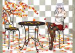  alternate_costume animal_ears bad_id bad_pixiv_id bare_shoulders black_legwear boots breasts casual chair character_name checkered checkered_background checkered_floor contemporary cross-laced_footwear gmot hand_on_own_shoulder inubashiri_momiji jewelry knee_boots large_breasts leaf looking_at_viewer maple_leaf open_mouth pantyhose pendant plaid plaid_skirt pleated_skirt red_eyes ribbed_sweater sitting skirt solo sweater table touhou tree_branch white_hair wolf_ears 