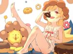  barefoot blonde_hair blood doughnut dress eating feet food hat highres lion long_hair long_legs miniyou mister_donut monogatari_(series) nosebleed oshino_shinobu pon_de_lion red_eyes soles strap_slip toes 