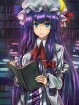  blue_eyes book book_stack capelet coat crescent dress hair_ribbon hat hat_ribbon inaba-no-kuni-tottori library long_hair long_sleeves looking_at_viewer mob_cap open_clothes open_coat patchouli_knowledge purple_hair ribbon solo striped striped_dress touhou tress_ribbon very_long_hair 