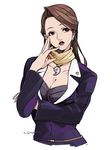  artist_name ayasato_chihiro bangs belt blazer breasts brown_eyes brown_hair business_suit bustier cleavage earrings fingernails formal gyakuten_saiban gyakuten_saiban_1 hair_intakes hand_on_own_cheek hand_up head_tilt holding_arm jacket jewelry large_breasts lipstick long_hair long_sleeves looking_to_the_side magatama makeup mature mole mole_under_mouth parted_lips scarf signature simple_background solo stud_earrings suit suzuki_hayase swept_bangs upper_body white_background 