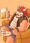  alcohol beer belt beverage bowser chair claws clothed clothing hindpaw horn king_koopa koopa lowemond male mario_bros muscles nintendo paws red_eyes scalie sitting smile spikes video_games 