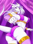  arm_band bikini bracelet butt camel_toe collar curtains dragon female hair horn jewelry linhthasack looking_at_viewer looking_back purple_eyes skimpy solo translucent_clothing white_body white_hair 