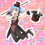  animal armpits bird black_legwear blue_eyes blue_hair blush brown_leotard confetti flat_chest gloves hair_cubes hair_ornament hat hat_basket hat_removed headwear_removed high_heels highres holding holding_hat in_hat kazuboh leotard magician mini_hat mini_top_hat naganohara_mio necktie nichijou pantyhose short_twintails smile solo top_hat twintails wand wrist_cuffs 