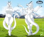  big_breasts blue_eyes breasts butt female fur grass hi_res horn looking_at_viewer meera mountain nude parasite solo synx tongue walter_sache white_fur white_skin 