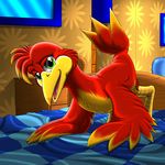  ambiguous_gender avian banjo-kazooie beak bed bedroom_eyes bird breegull feathers female green_eyes inside kazooie kitsune_youkai seduction solo video_games wings 