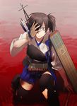  bad_id bad_pixiv_id banned_artist black_legwear blood blood_on_face covering_one_eye gloves harano kaga_(kantai_collection) kantai_collection looking_at_viewer muneate partly_fingerless_gloves short_hair side_ponytail single_glove solo tasuki thighhighs torn_clothes yugake 