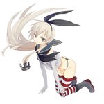  anchor bad_id bad_pixiv_id banned_artist black_panties blonde_hair elbow_gloves gloves harano kantai_collection long_hair looking_at_viewer panties shimakaze_(kantai_collection) simple_background solo striped striped_legwear thighhighs underwear very_long_hair white_background white_gloves 