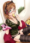  blue_eyes brand_name_imitation breasts brown_hair chips cleavage controller dualshock eating food game_controller gamepad glasses hair_ornament hairclip hasumi_shizuko headphones highres long_hair medium_breasts original panties pillow potato_chips solo thighhighs underwear 