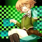  black_legwear blush brown_eyes brown_hair checkered checkered_background computer crossdressing danganronpa danganronpa_1 fujisaki_chihiro green_eyes holographic_interface kneehighs male_focus open_mouth otoko_no_ko sakaki_(noi-gren) school_uniform screen short_hair skirt solo uniform 