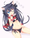  &gt;_&lt; animal_ears bad_id bad_pixiv_id bikini black_hair blue_eyes bracelet breath cameltoe cat_ears closed_eyes fang groin hair_ribbon jewelry long_hair looking_at_viewer navel nibiiro_shizuka one_eye_closed open_mouth original pink_background ribbon scarf side-tie_bikini simple_background solo swimsuit tail wristband 