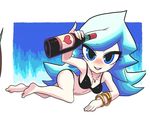  arm_support bad_source bangle barefoot bikini blue_eyes blue_hair blush bottle bracelet breasts gashi-gashi heart jewelry long_hair looking_at_viewer lying medium_breasts necklace on_side original parted_lips pinky_out smile solo swimsuit 