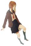  absurdres belly_peek brown_eyes brown_hair cardigan highres kneehighs long_hair original school_uniform serafuku shinobu_(kobanatu) skirt solo 