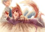  1girl 6bi animal_ears apple barefoot brown_hair craft_lawrence fang food fruit grey_hair highres holo long_hair lying on_stomach open_mouth red_eyes short_hair smile spice_and_wolf tail wolf_ears wolf_tail 