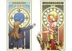  1girl art_nouveau blonde_hair brown_eyes brown_hair chain ea_(fate/stay_night) enkidu_(weapon) fate/extra fate/extra_ccc fate_(series) gilgamesh hand_on_hilt jewelry kishinami_hakuno_(female) long_hair necklace petite red_eyes school_uniform shimaneko shirtless tattoo tsukumihara_academy_uniform_(fate/extra_ccc) weapon 