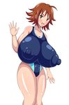  1girl areolae blush breasts brown_hair collarbone female gigantic_breasts highres nipples one-piece_swimsuit open_mouth puffy_nipples see-through senwa shiny shiny_skin short_hair smile swimsuit thighs yellow_eyes 