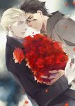  ahoge black_hair blonde_hair blue_eyes bouquet fate/zero fate_(series) flower get3 kayneth_el-melloi_archibald lancer_(fate/zero) multiple_boys red_flower red_rose rose yellow_eyes 