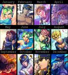  6+boys armpits blonde_hair blue_dress breasts bruno_buccellati calendar_(medium) china_dress chinese_clothes collar collarbone dio_brando dress earrings english from_above from_side giorno_giovanna happy hat jean_pierre_polnareff jewelry jojo_no_kimyou_na_bouken joseph_joestar joseph_joestar_(young) kakyouin_noriaki kotatsu_(g-rough) kuujou_jolyne kuujou_joutarou long_hair looking_at_viewer looking_up medium_breasts midriff multiple_boys multiple_girls multiple_persona muscle nipples nude open_mouth peaked_cap pose profile short_hair spiked_hair stand_(jojo) stardust_crusaders the_world upper_body 