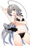  absurdres bikini black_bikini blush breasts cleavage collarbone dutch_angle green_eyes grey_hair groin hair_between_eyes haiyore!_nyaruko-san highres koin_(foxmark) long_hair medium_breasts navel nyarlathotep_(nyaruko-san) open_mouth pose scan shantak_(nyaruko-san) side-tie_bikini sidelocks simple_background solo swimsuit very_long_hair white_background wings 