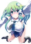 amisu arm_up bare_shoulders blush breasts cum cum_on_body cum_on_clothes cum_on_upper_body detached_sleeves frog_hair_ornament green_eyes green_hair hair_ornament hanging_breasts japanese_clothes kochiya_sanae large_breasts long_hair looking_at_viewer miko pov simple_background snake_hair_ornament solo tears touhou wet white_background 