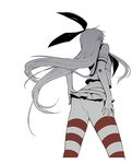  ass bad_id bad_pixiv_id banned_artist from_behind from_below harano kantai_collection long_hair miniskirt monochrome shimakaze_(kantai_collection) simple_background skirt solo striped striped_legwear thighhighs very_long_hair white_background 